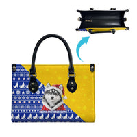 Bosnia and Herzegovina Christmas Leather Bag with Husky Dog Santa Hat and Blue Yellow Snowflake Pattern - Wonder Print Shop