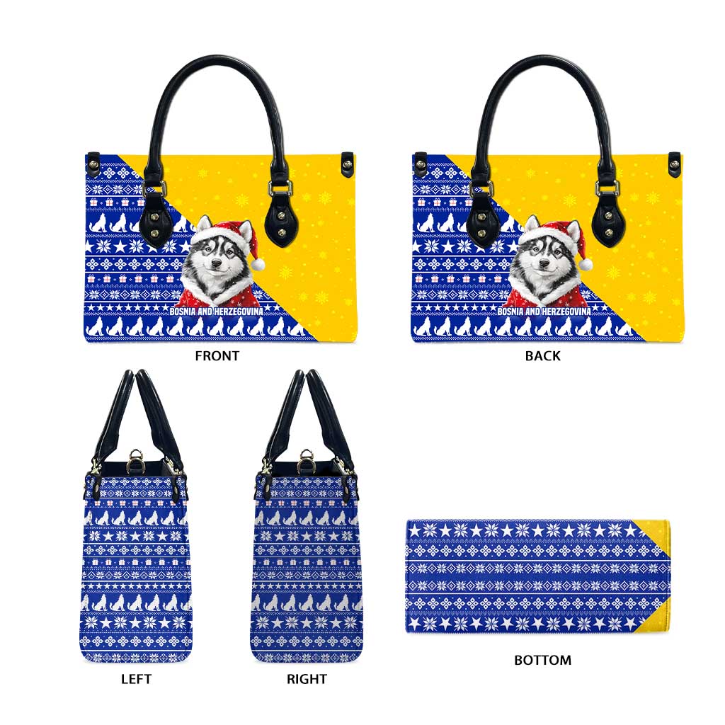 Bosnia and Herzegovina Christmas Leather Bag with Husky Dog Santa Hat and Blue Yellow Snowflake Pattern - Wonder Print Shop