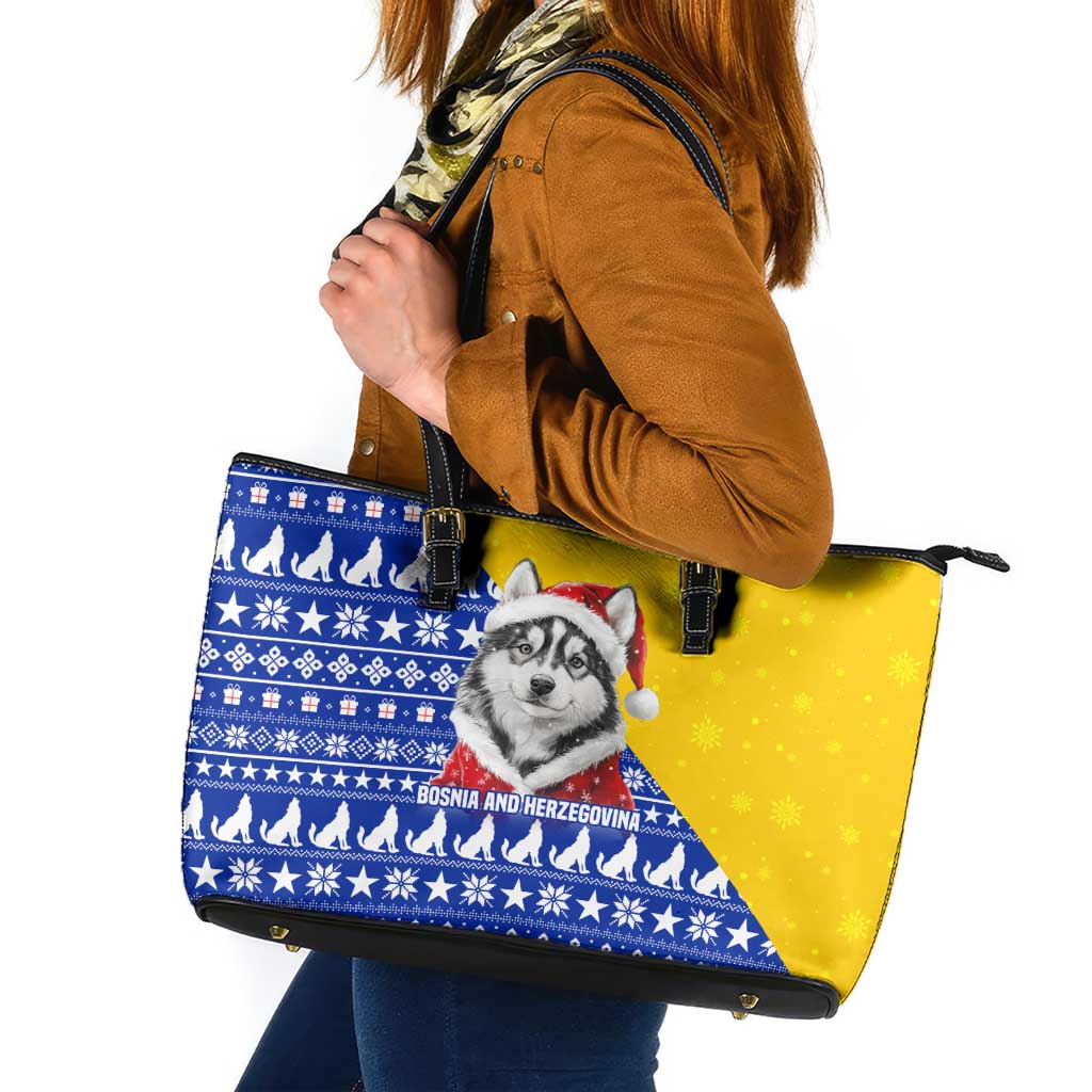 Bosnia and Herzegovina Christmas Leather Tote Bag with Husky Dog Santa Hat and Blue Yellow Snowflake Pattern - Wonder Print Shop