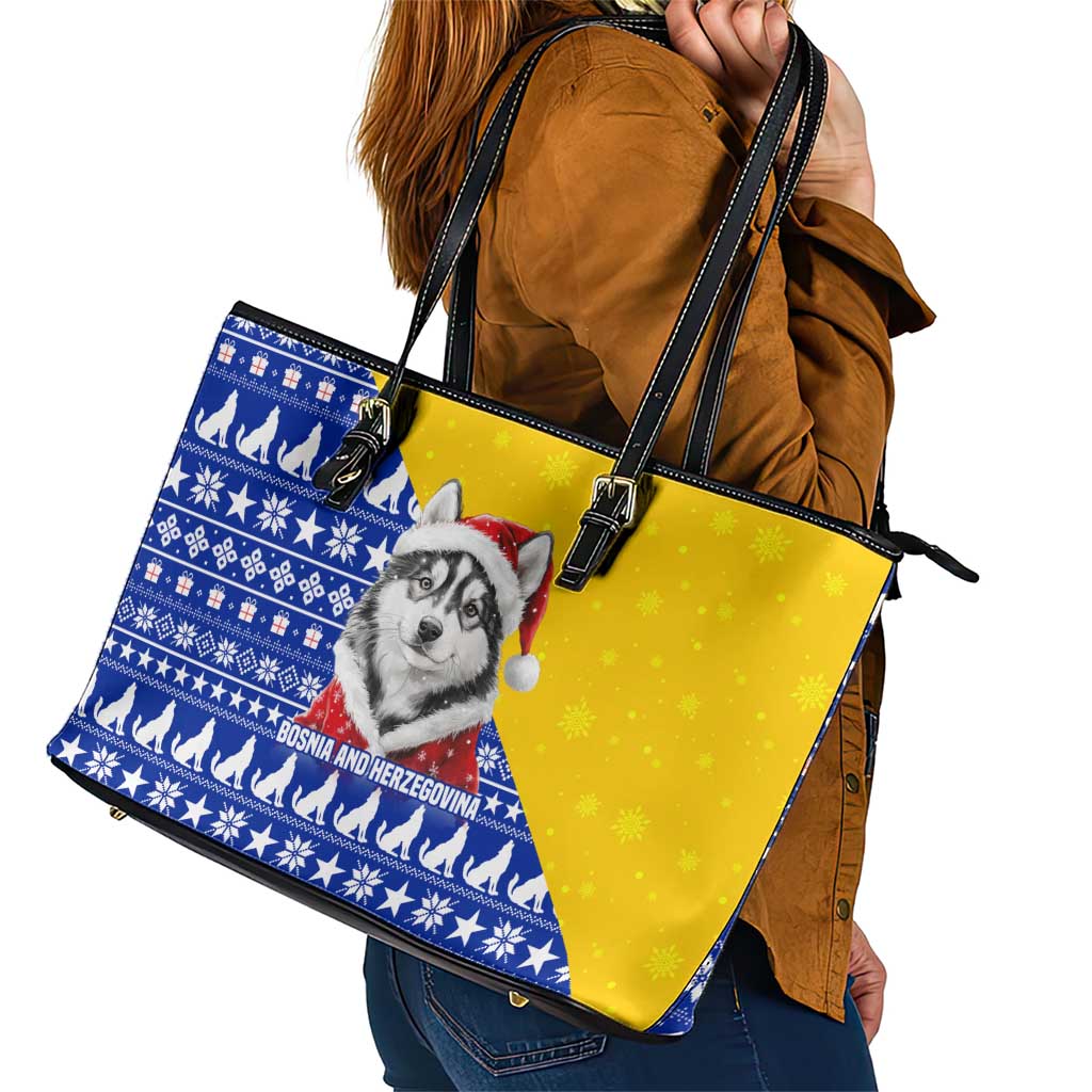 Bosnia and Herzegovina Christmas Leather Tote Bag with Husky Dog Santa Hat and Blue Yellow Snowflake Pattern - Wonder Print Shop