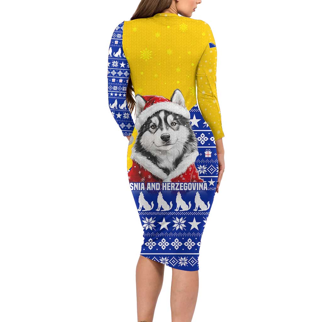 Bosnia and Herzegovina Christmas Long Sleeve Bodycon Dress with Husky Dog Santa Hat and Blue Yellow Snowflake Pattern - Wonder Print Shop