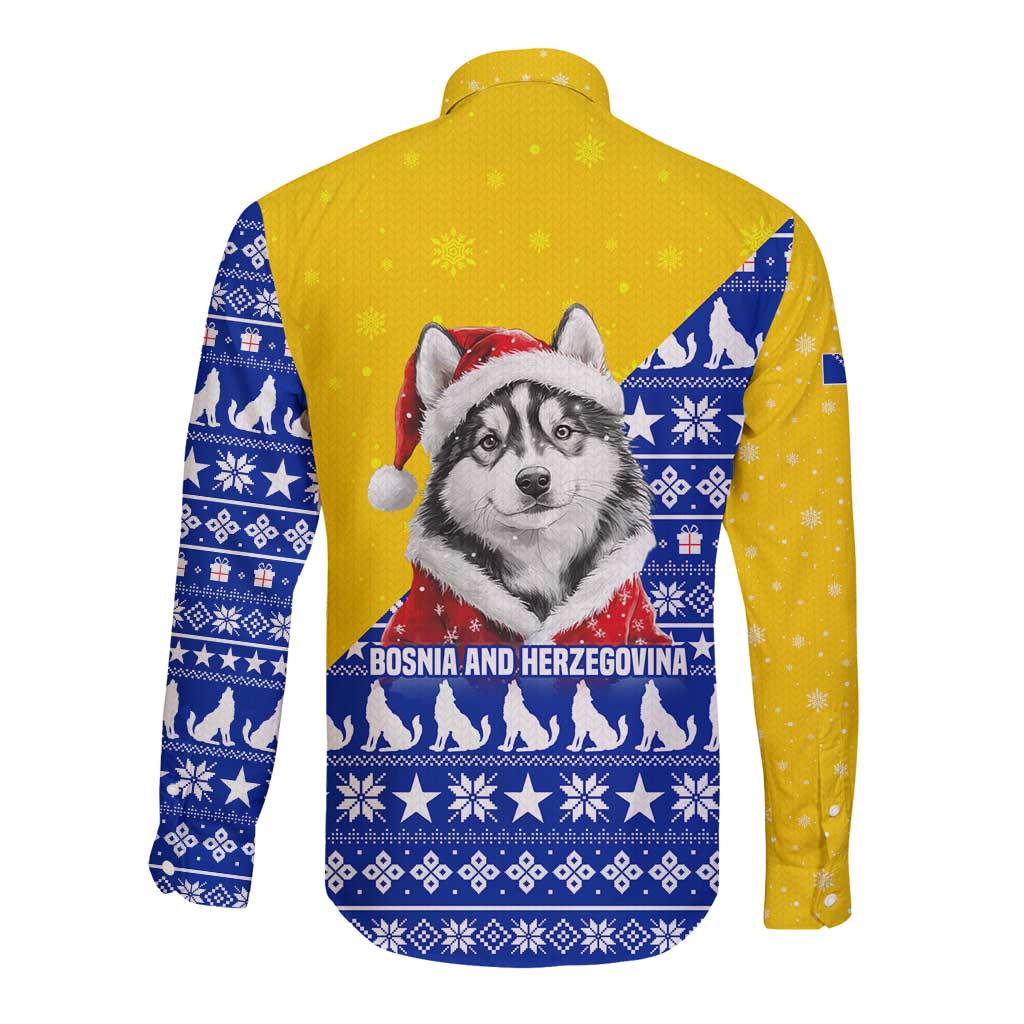 Bosnia and Herzegovina Christmas Long Sleeve Button Shirt with Husky Dog Santa Hat and Blue Yellow Snowflake Pattern - Wonder Print Shop