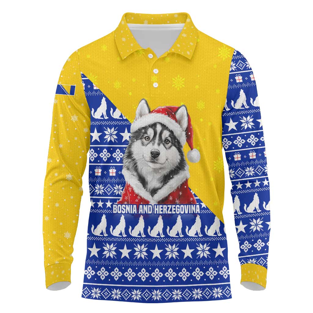 Bosnia and Herzegovina Christmas Long Sleeve Polo Shirt with Husky Dog Santa Hat and Blue Yellow Snowflake Pattern - Wonder Print Shop