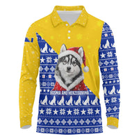 Bosnia and Herzegovina Christmas Long Sleeve Polo Shirt with Husky Dog Santa Hat and Blue Yellow Snowflake Pattern - Wonder Print Shop