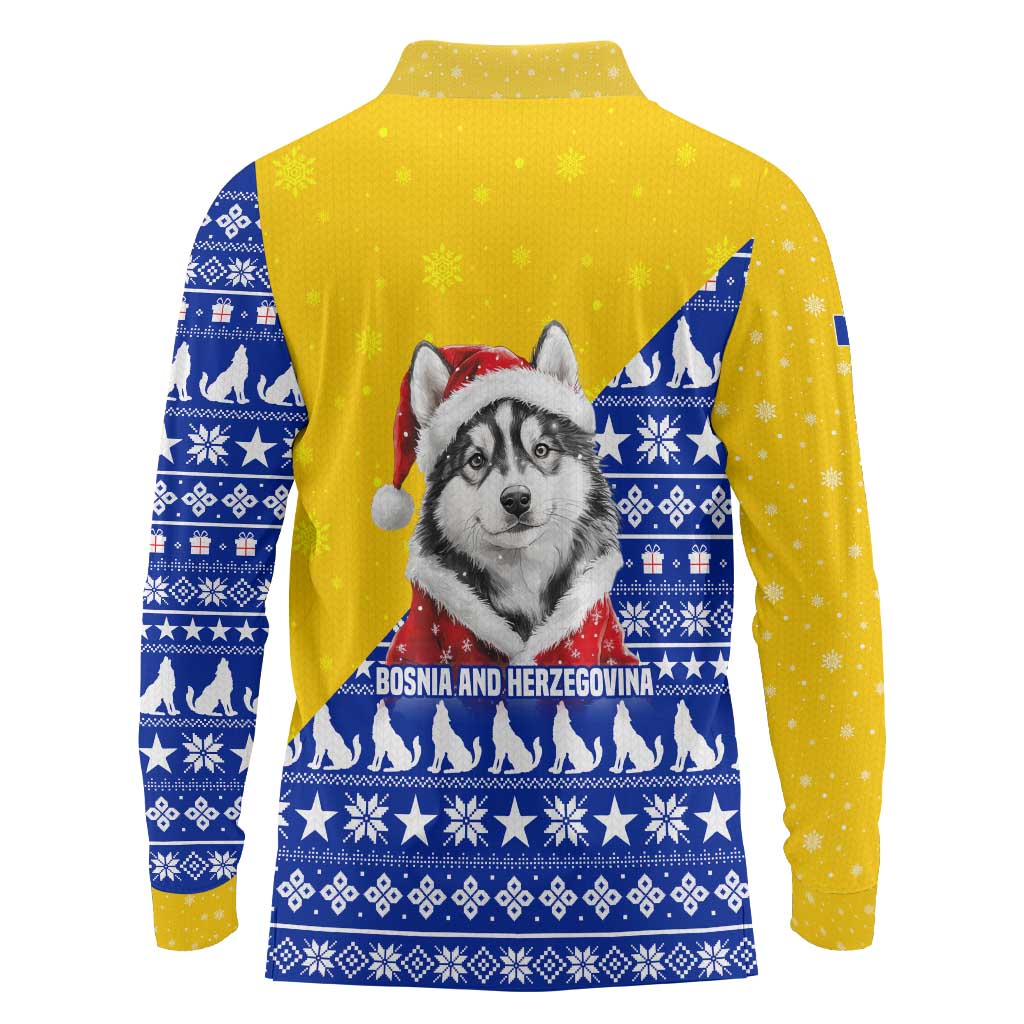 Bosnia and Herzegovina Christmas Long Sleeve Polo Shirt with Husky Dog Santa Hat and Blue Yellow Snowflake Pattern - Wonder Print Shop