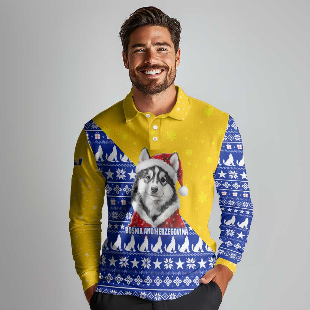 Bosnia and Herzegovina Christmas Long Sleeve Polo Shirt with Husky Dog Santa Hat and Blue Yellow Snowflake Pattern - Wonder Print Shop