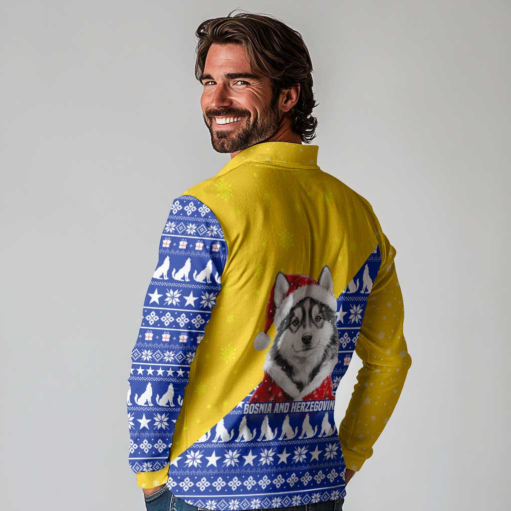 Bosnia and Herzegovina Christmas Long Sleeve Polo Shirt with Husky Dog Santa Hat and Blue Yellow Snowflake Pattern - Wonder Print Shop