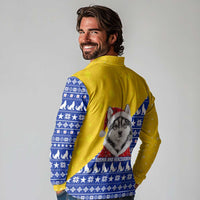 Bosnia and Herzegovina Christmas Long Sleeve Polo Shirt with Husky Dog Santa Hat and Blue Yellow Snowflake Pattern - Wonder Print Shop