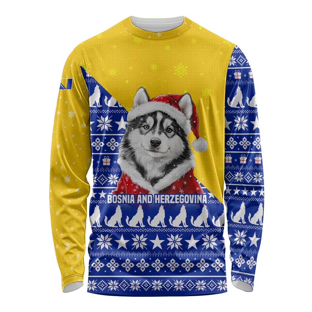 Bosnia and Herzegovina Christmas Long Sleeve Shirt with Husky Dog Santa Hat and Blue Yellow Snowflake Pattern - Wonder Print Shop
