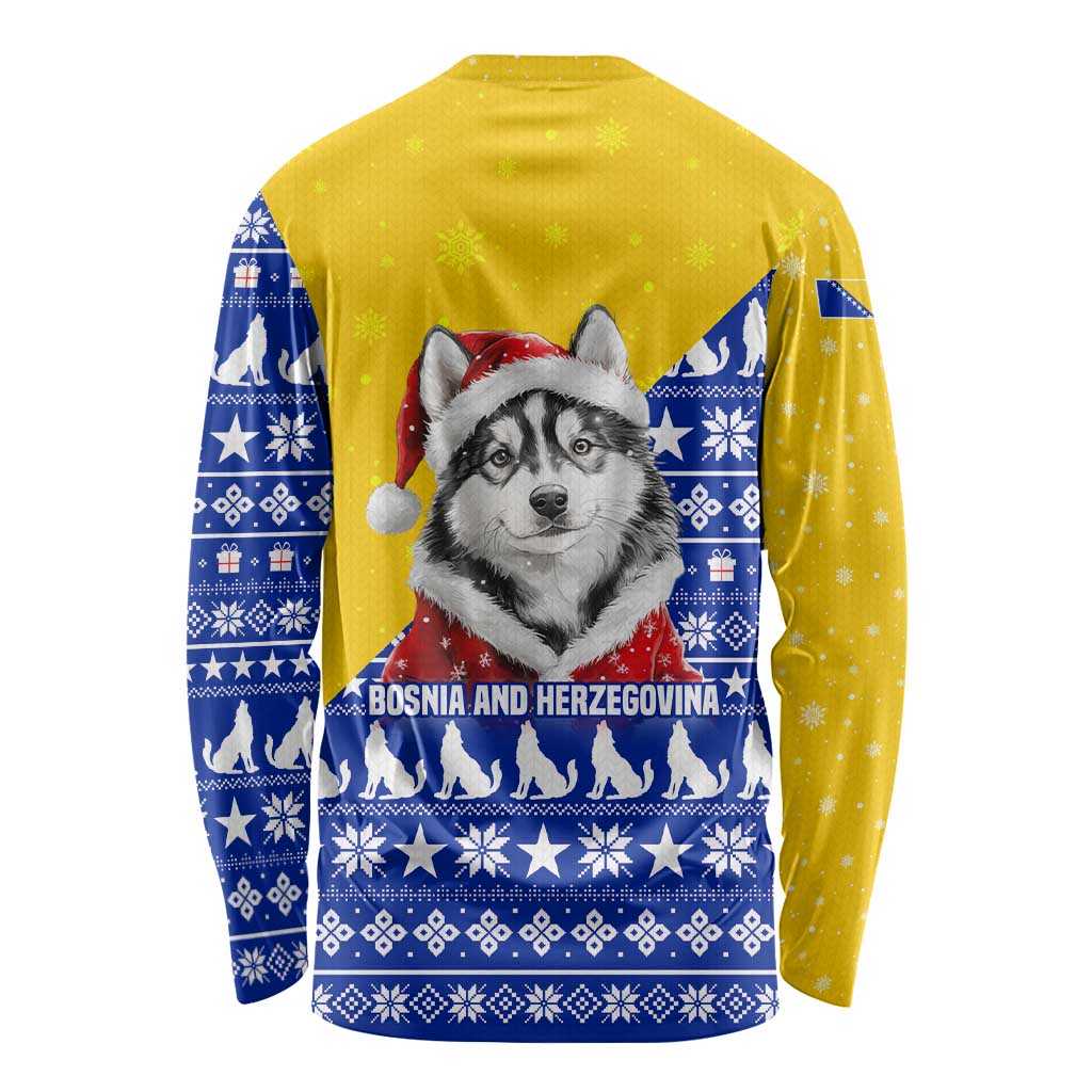 Bosnia and Herzegovina Christmas Long Sleeve Shirt with Husky Dog Santa Hat and Blue Yellow Snowflake Pattern - Wonder Print Shop