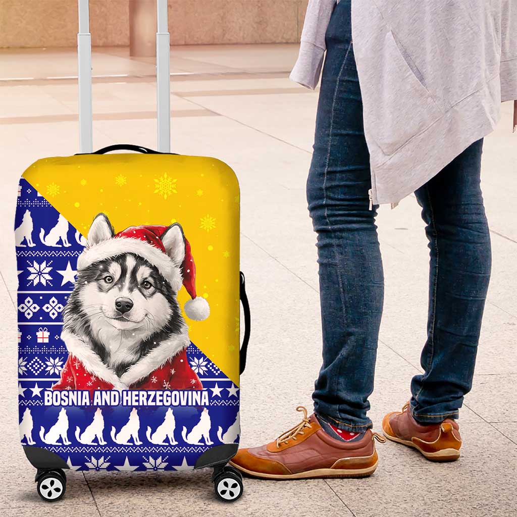 Bosnia and Herzegovina Christmas Luggage Cover with Husky Dog Santa Hat and Blue Yellow Snowflake Pattern - Wonder Print Shop