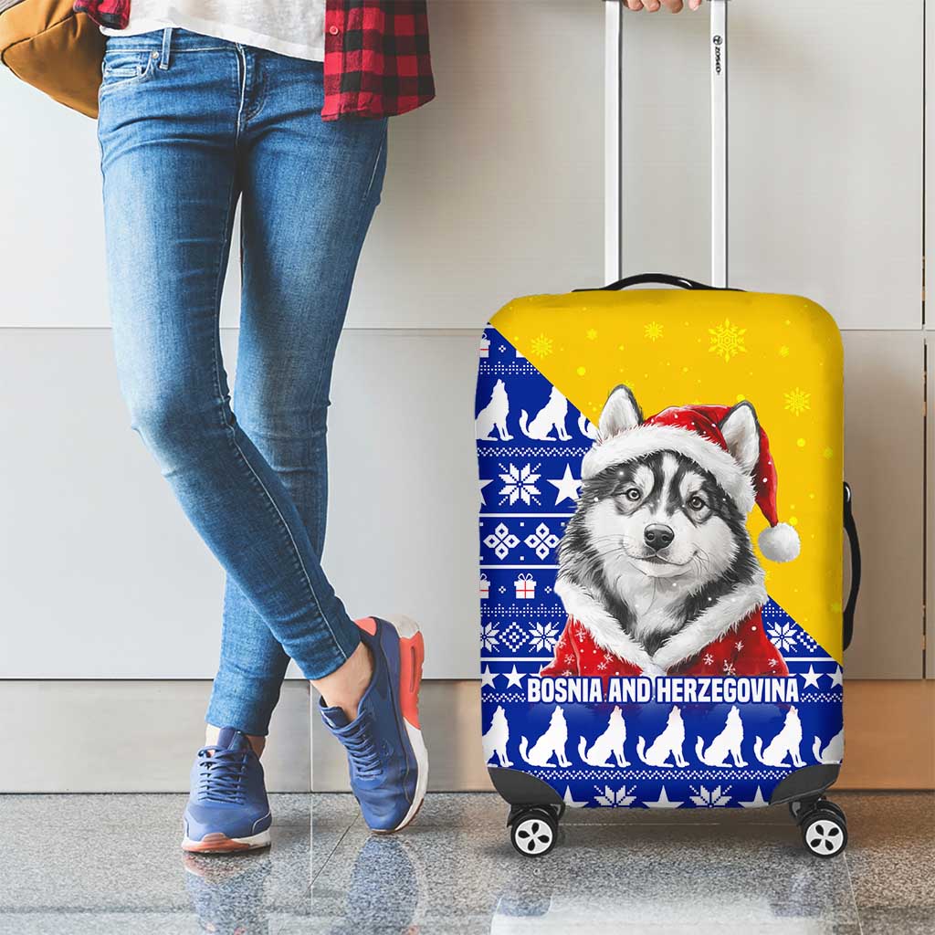 Bosnia and Herzegovina Christmas Luggage Cover with Husky Dog Santa Hat and Blue Yellow Snowflake Pattern - Wonder Print Shop