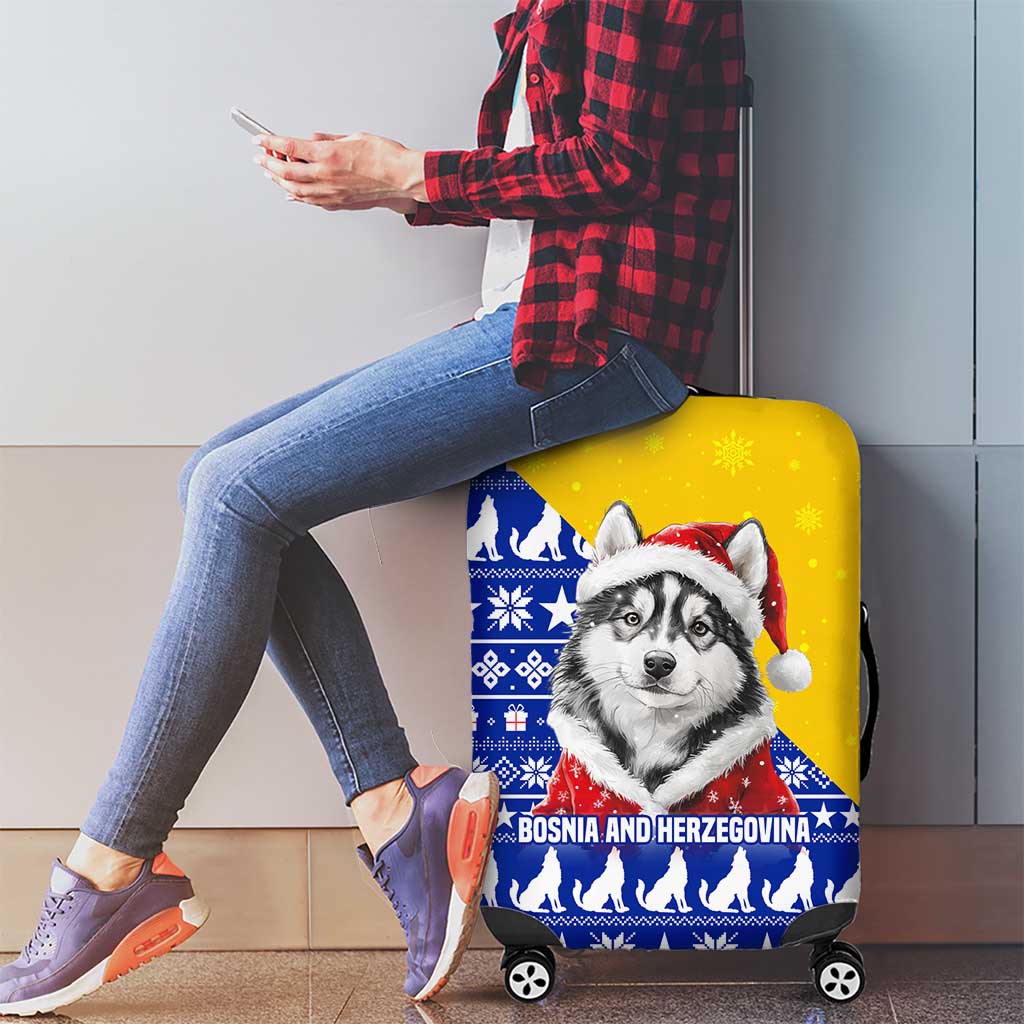 Bosnia and Herzegovina Christmas Luggage Cover with Husky Dog Santa Hat and Blue Yellow Snowflake Pattern - Wonder Print Shop