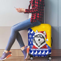Bosnia and Herzegovina Christmas Luggage Cover with Husky Dog Santa Hat and Blue Yellow Snowflake Pattern - Wonder Print Shop