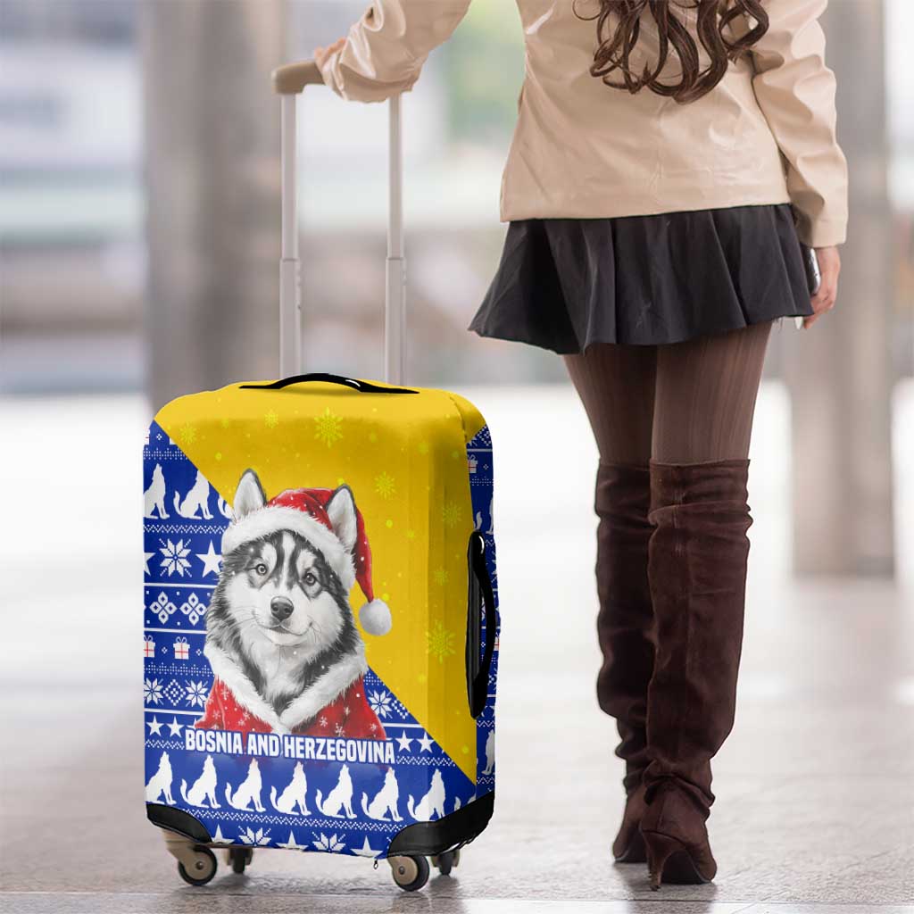 Bosnia and Herzegovina Christmas Luggage Cover with Husky Dog Santa Hat and Blue Yellow Snowflake Pattern - Wonder Print Shop