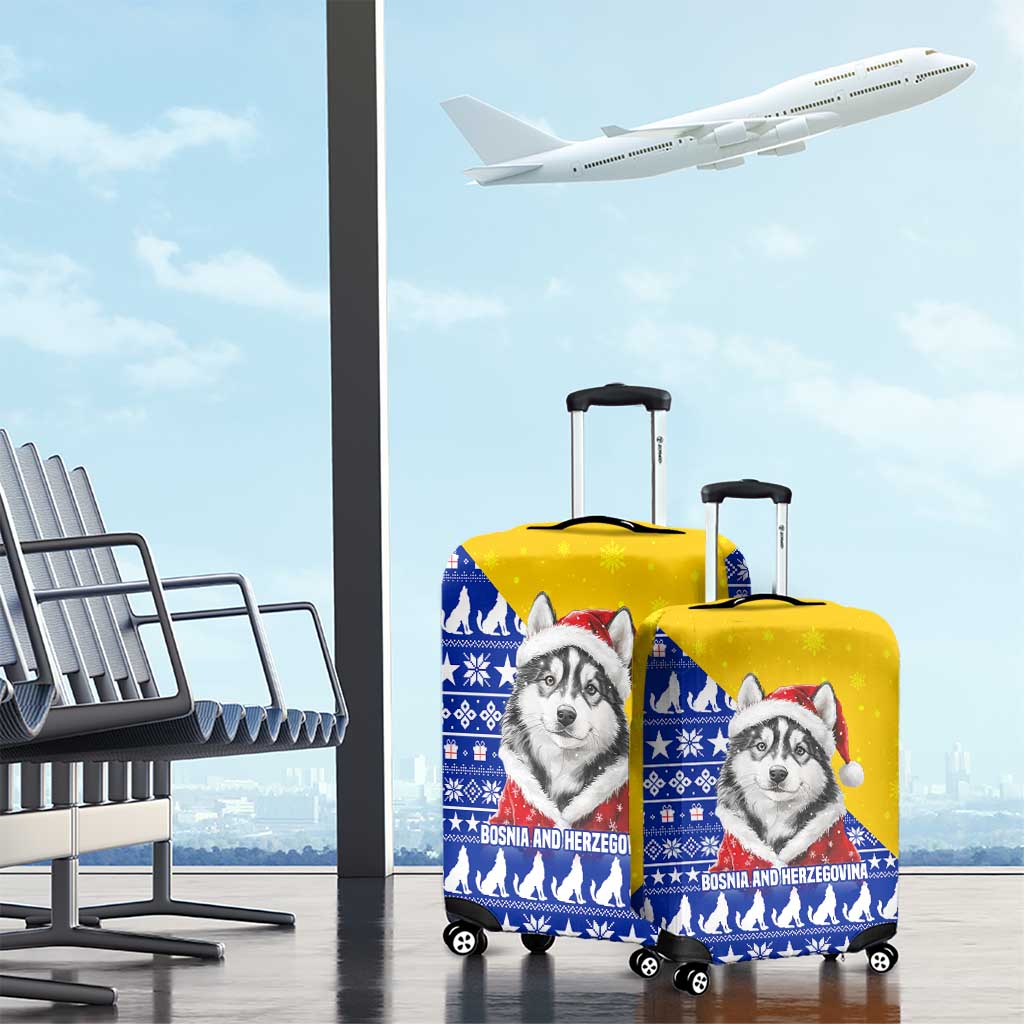 Bosnia and Herzegovina Christmas Luggage Cover with Husky Dog Santa Hat and Blue Yellow Snowflake Pattern - Wonder Print Shop