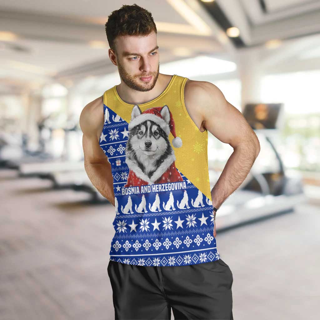 Bosnia and Herzegovina Christmas Men Tank Top with Husky Dog Santa Hat and Blue Yellow Snowflake Pattern - Wonder Print Shop