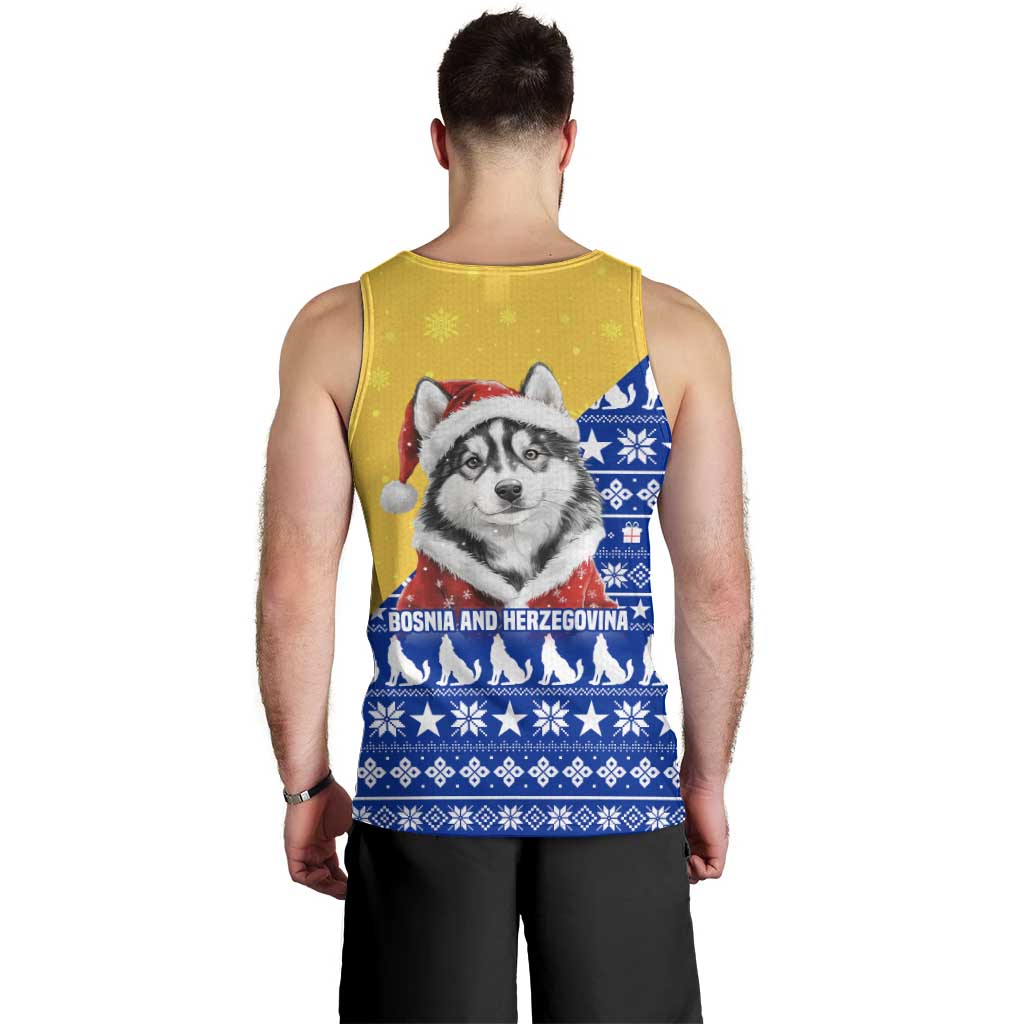 Bosnia and Herzegovina Christmas Men Tank Top with Husky Dog Santa Hat and Blue Yellow Snowflake Pattern - Wonder Print Shop