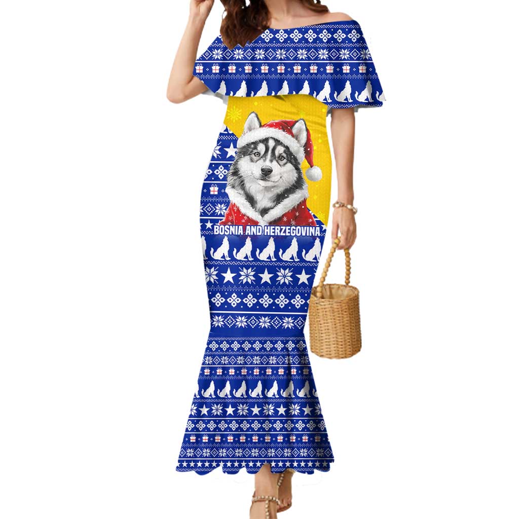 Bosnia and Herzegovina Christmas Mermaid Dress with Husky Dog Santa Hat and Blue Yellow Snowflake Pattern - Wonder Print Shop