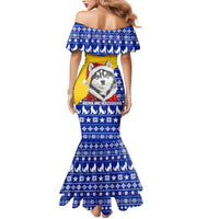 Bosnia and Herzegovina Christmas Mermaid Dress with Husky Dog Santa Hat and Blue Yellow Snowflake Pattern - Wonder Print Shop