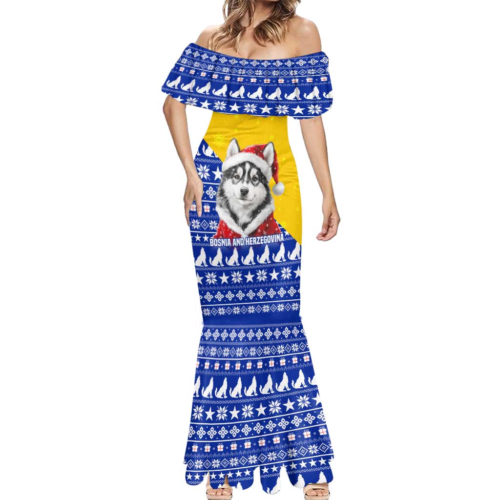 Bosnia and Herzegovina Christmas Mermaid Dress with Husky Dog Santa Hat and Blue Yellow Snowflake Pattern - Wonder Print Shop
