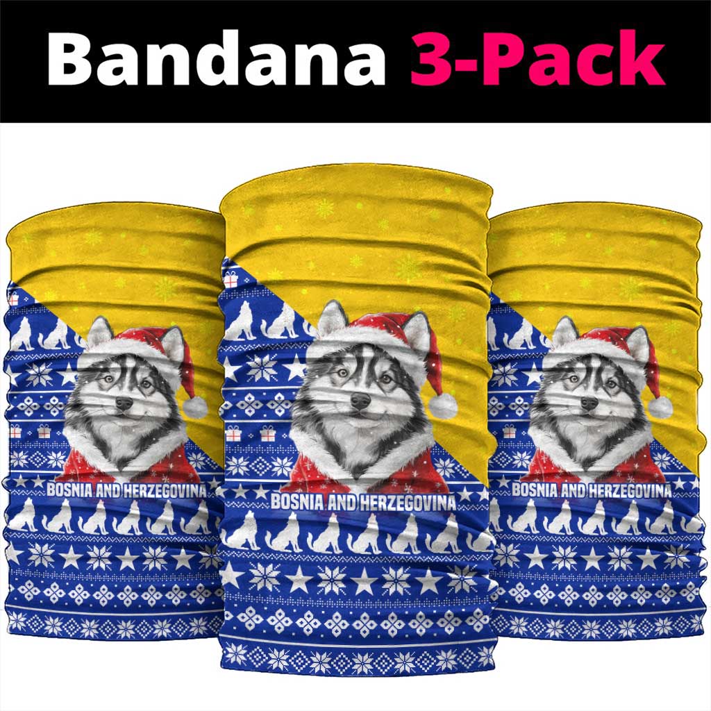 Bosnia and Herzegovina Christmas Neck Gaiter with Husky Dog Santa Hat and Blue Yellow Snowflake Pattern - Wonder Print Shop