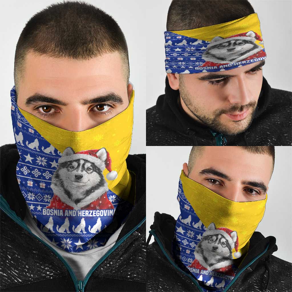 Bosnia and Herzegovina Christmas Neck Gaiter with Husky Dog Santa Hat and Blue Yellow Snowflake Pattern - Wonder Print Shop