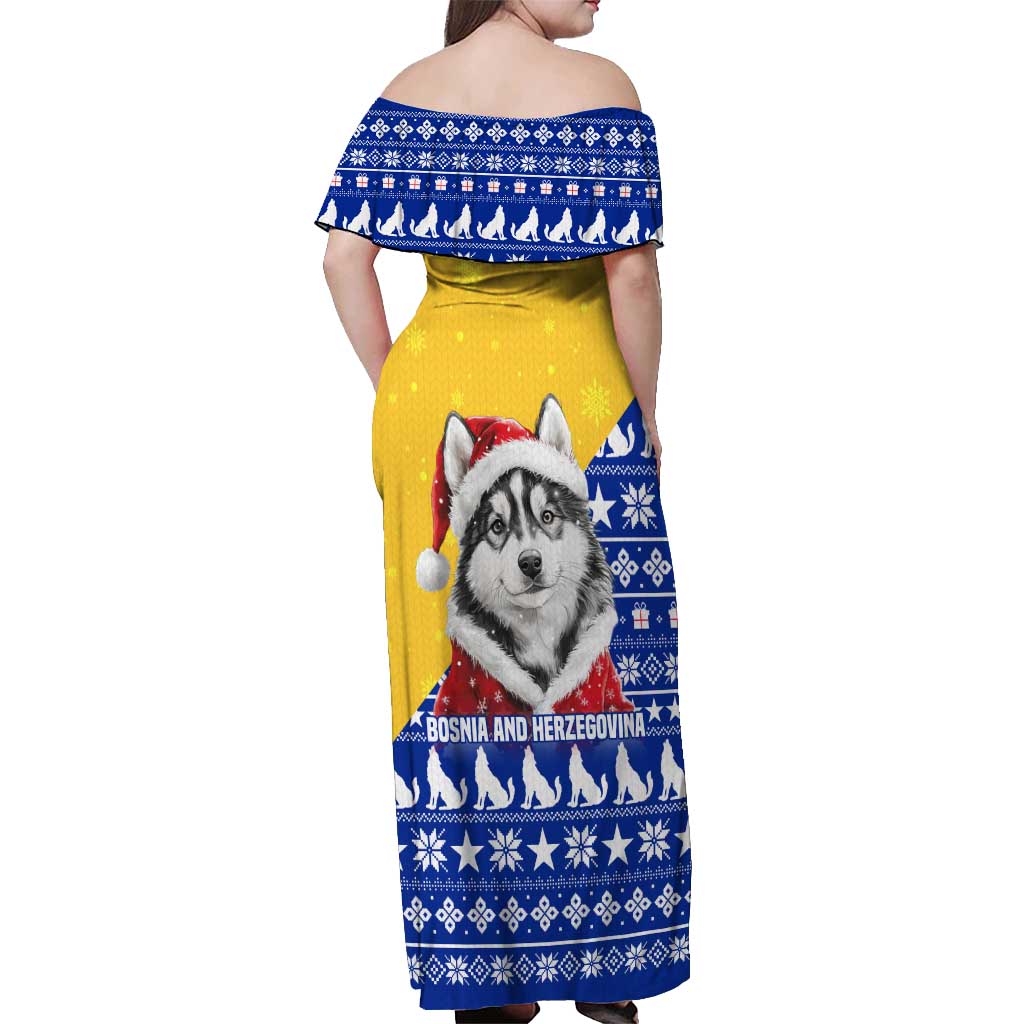 Bosnia and Herzegovina Christmas Off Shoulder Maxi Dress with Husky Dog Santa Hat and Blue Yellow Snowflake Pattern - Wonder Print Shop
