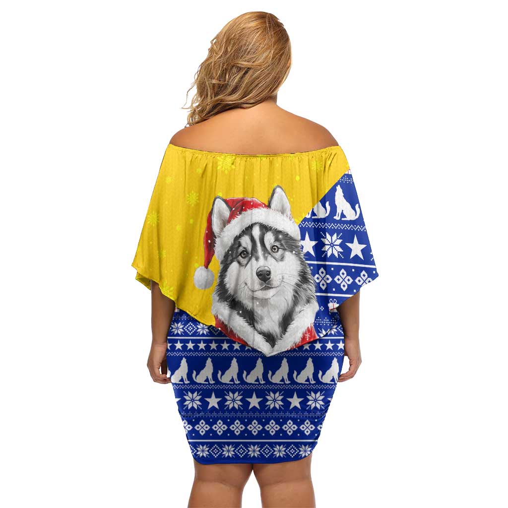 Bosnia and Herzegovina Christmas Off Shoulder Short Dress with Husky Dog Santa Hat and Blue Yellow Snowflake Pattern - Wonder Print Shop