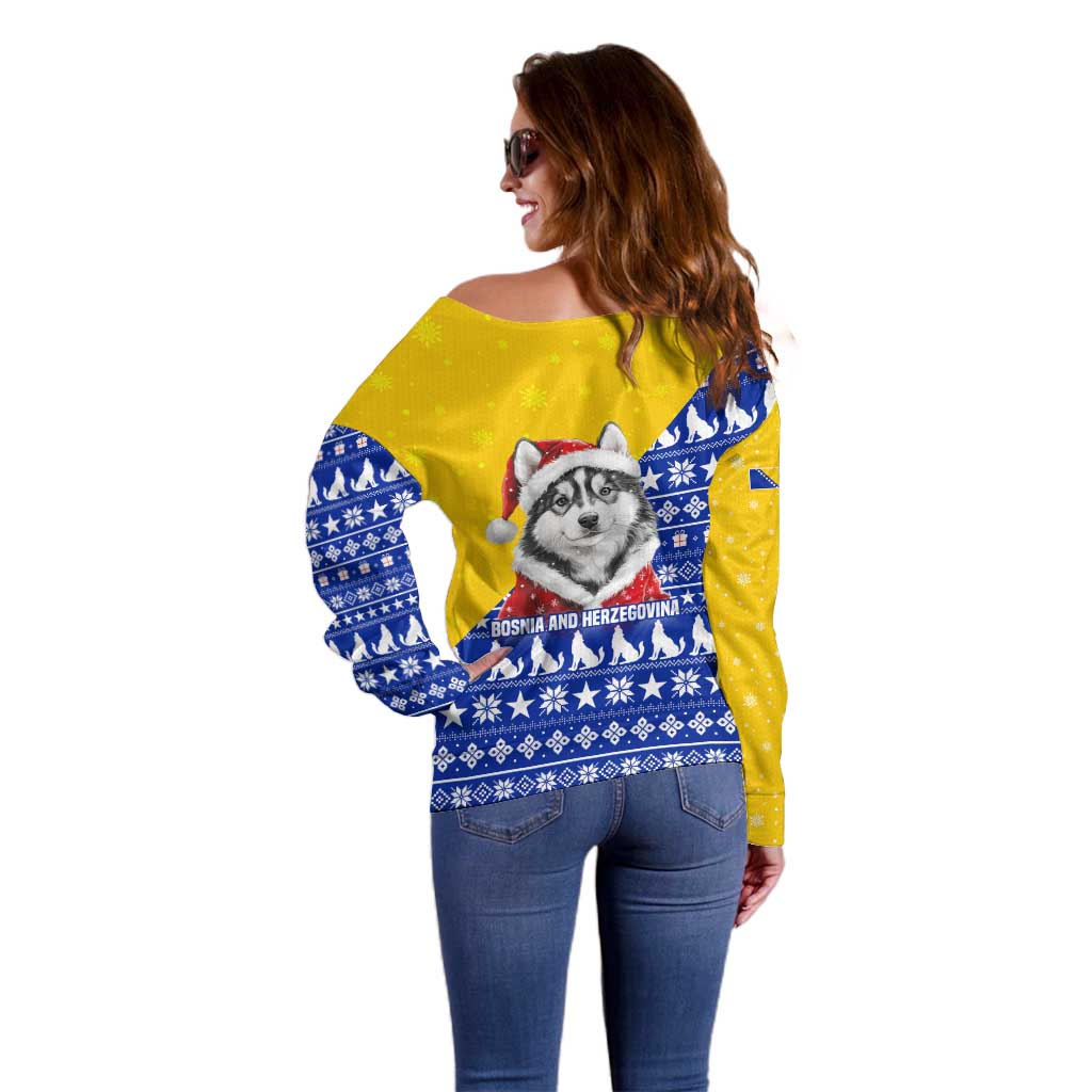 Bosnia and Herzegovina Christmas Off Shoulder Sweater with Husky Dog Santa Hat and Blue Yellow Snowflake Pattern - Wonder Print Shop