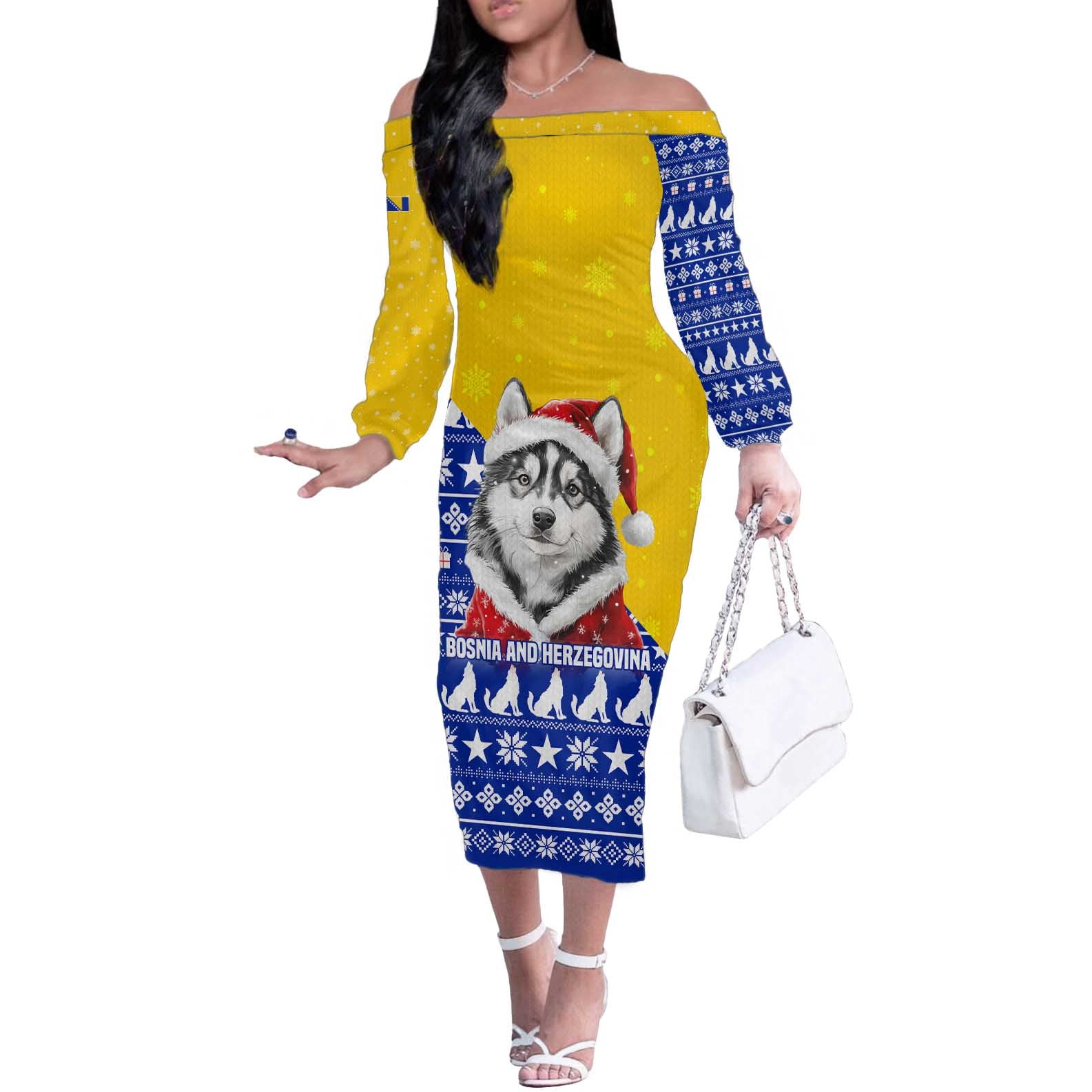 Bosnia and Herzegovina Christmas Off The Shoulder Long Sleeve Dress with Husky Dog Santa Hat and Blue Yellow Snowflake Pattern - Wonder Print Shop