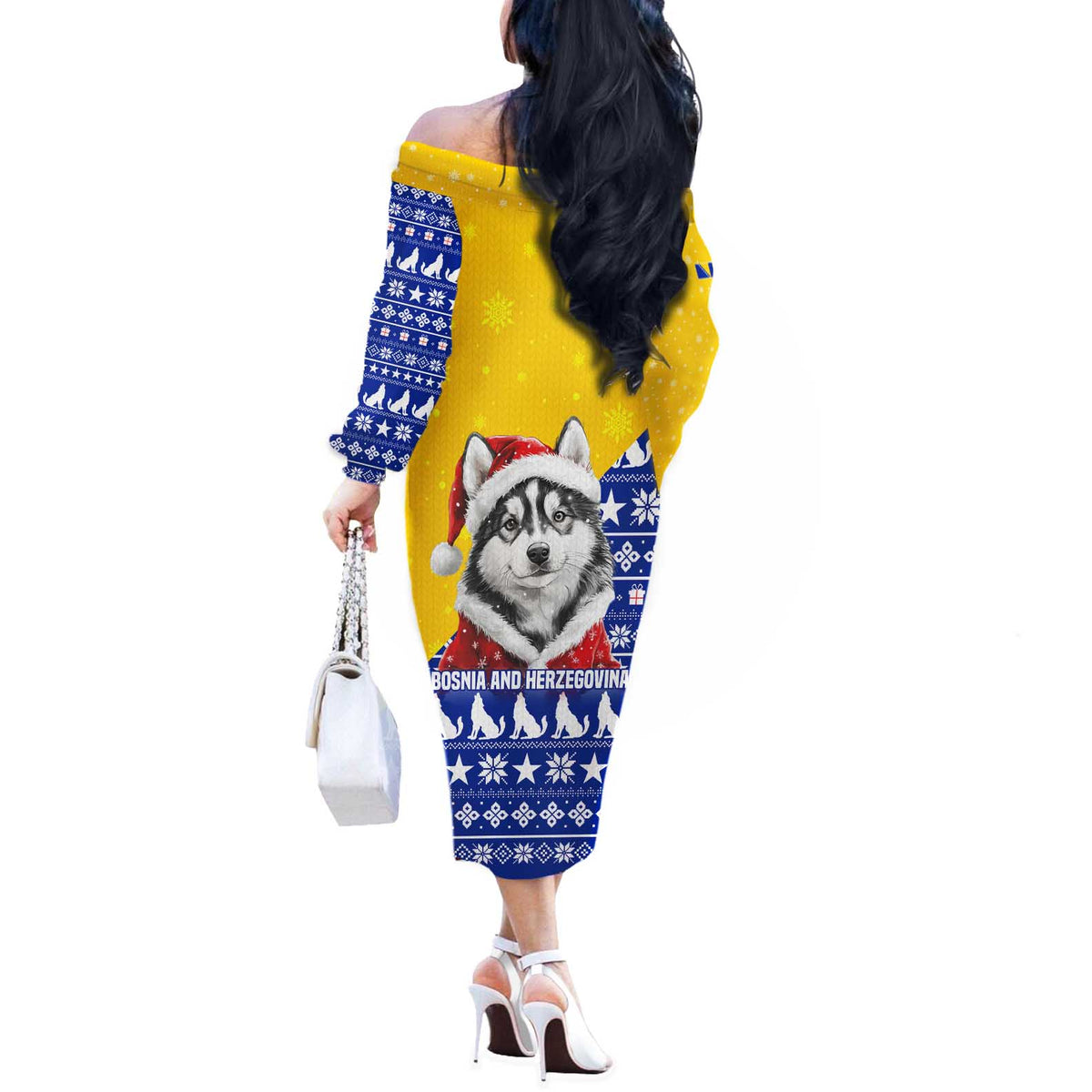 Bosnia and Herzegovina Christmas Off The Shoulder Long Sleeve Dress with Husky Dog Santa Hat and Blue Yellow Snowflake Pattern - Wonder Print Shop