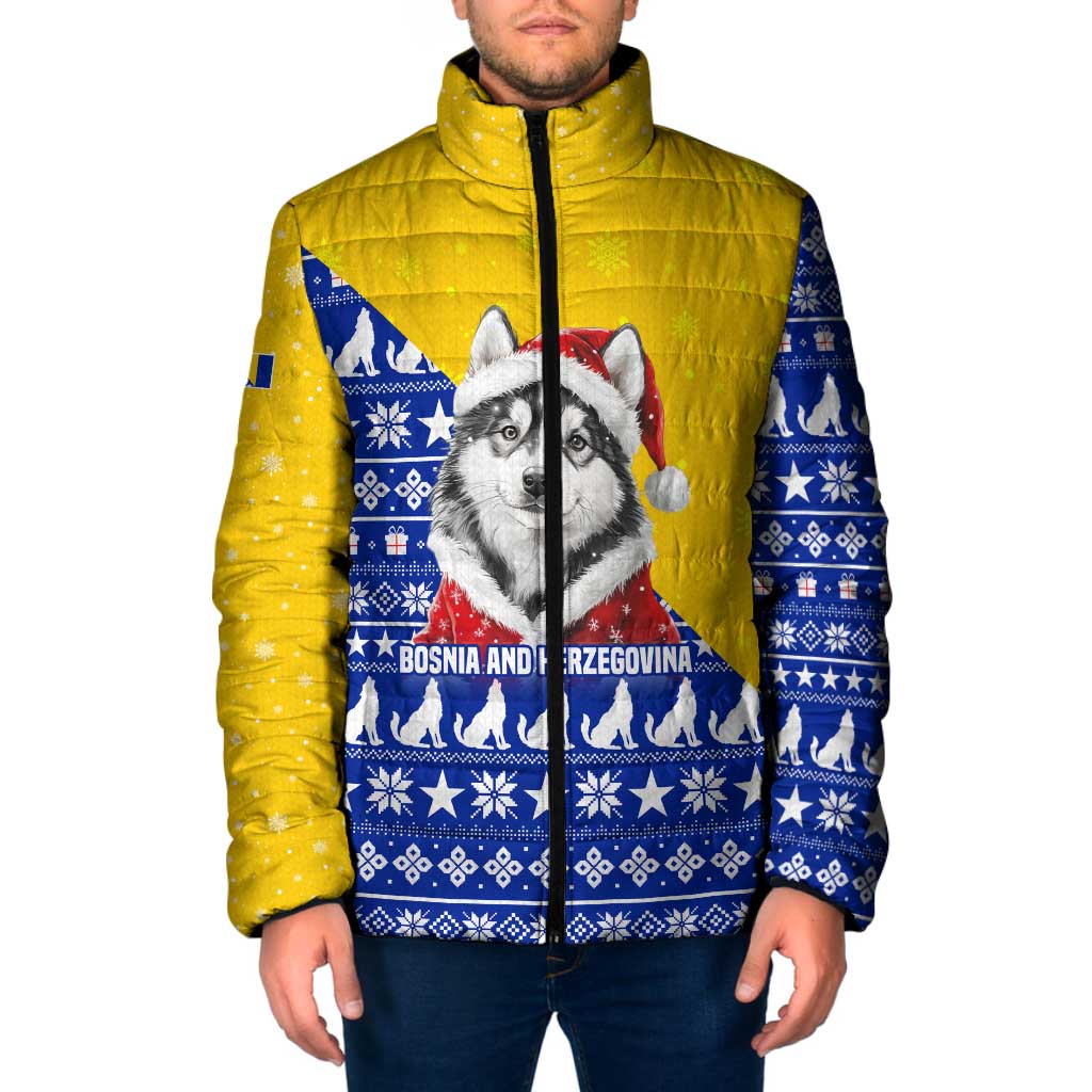 Bosnia and Herzegovina Christmas Padded Jacket with Husky Dog Santa Hat and Blue Yellow Snowflake Pattern - Wonder Print Shop