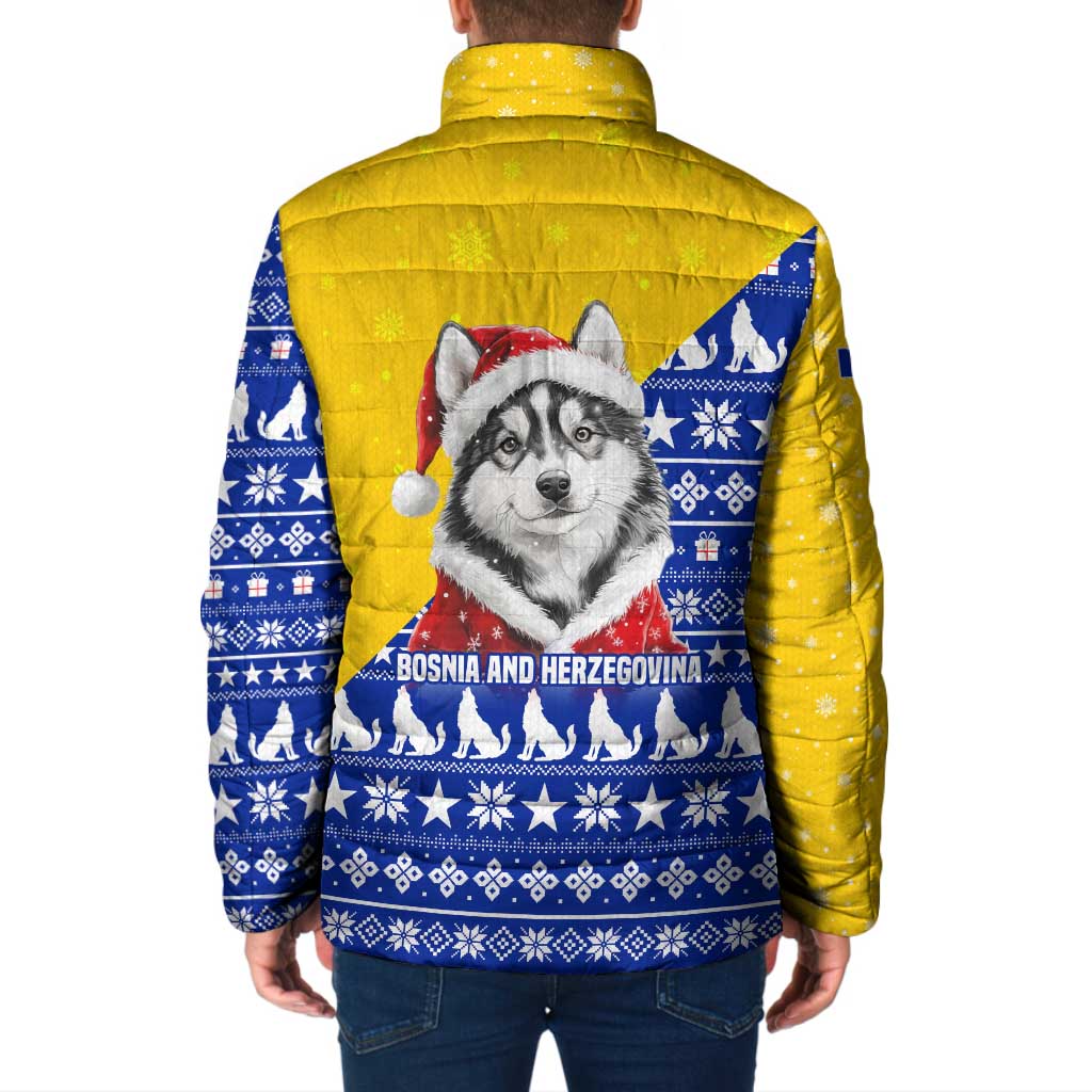 Bosnia and Herzegovina Christmas Padded Jacket with Husky Dog Santa Hat and Blue Yellow Snowflake Pattern - Wonder Print Shop