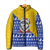 Bosnia and Herzegovina Christmas Padded Jacket with Husky Dog Santa Hat and Blue Yellow Snowflake Pattern - Wonder Print Shop