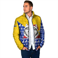 Bosnia and Herzegovina Christmas Padded Jacket with Husky Dog Santa Hat and Blue Yellow Snowflake Pattern - Wonder Print Shop