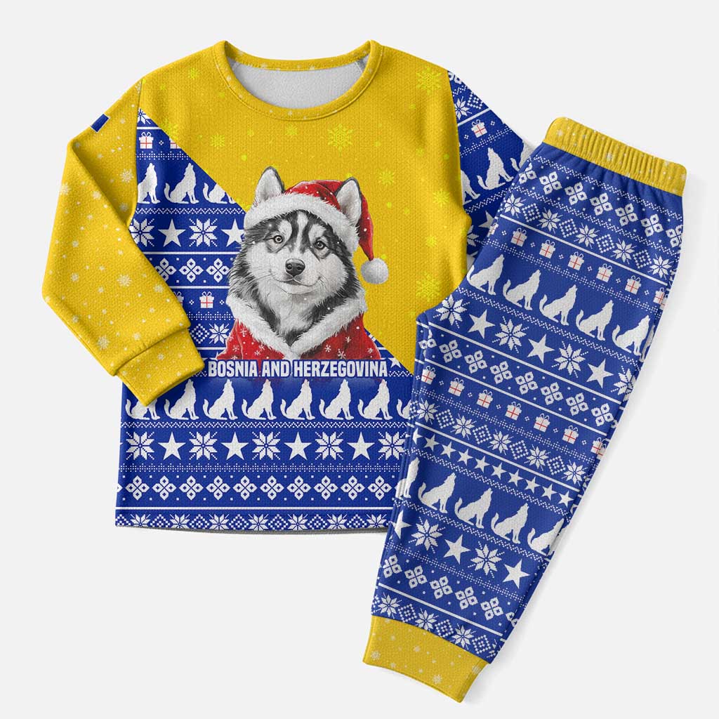 Bosnia and Herzegovina Christmas Pajama Set with Husky Dog Santa Hat and Blue Yellow Snowflake Pattern - Wonder Print Shop