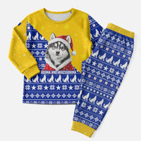 Bosnia and Herzegovina Christmas Pajama Set with Husky Dog Santa Hat and Blue Yellow Snowflake Pattern - Wonder Print Shop
