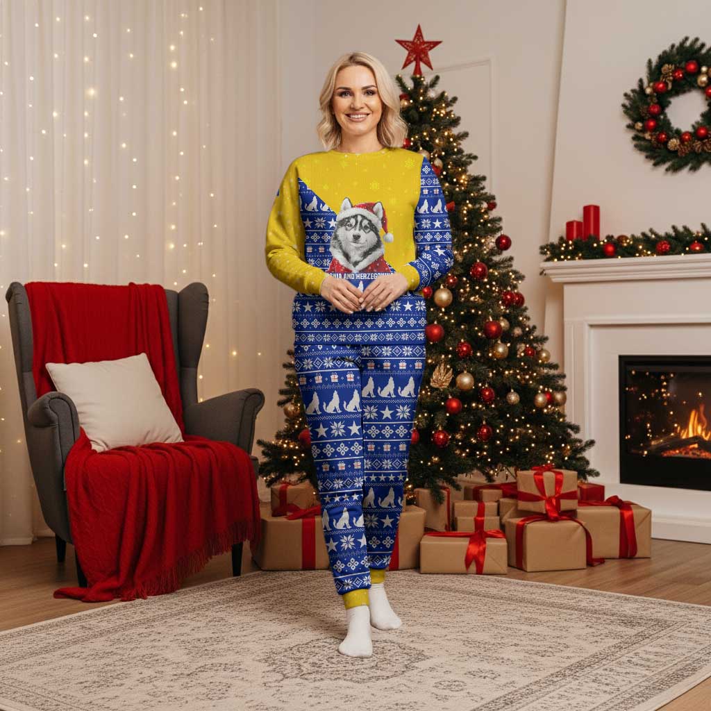 Bosnia and Herzegovina Christmas Pajama Set with Husky Dog Santa Hat and Blue Yellow Snowflake Pattern - Wonder Print Shop