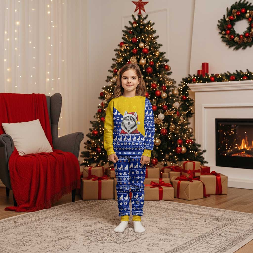 Bosnia and Herzegovina Christmas Pajama Set with Husky Dog Santa Hat and Blue Yellow Snowflake Pattern - Wonder Print Shop