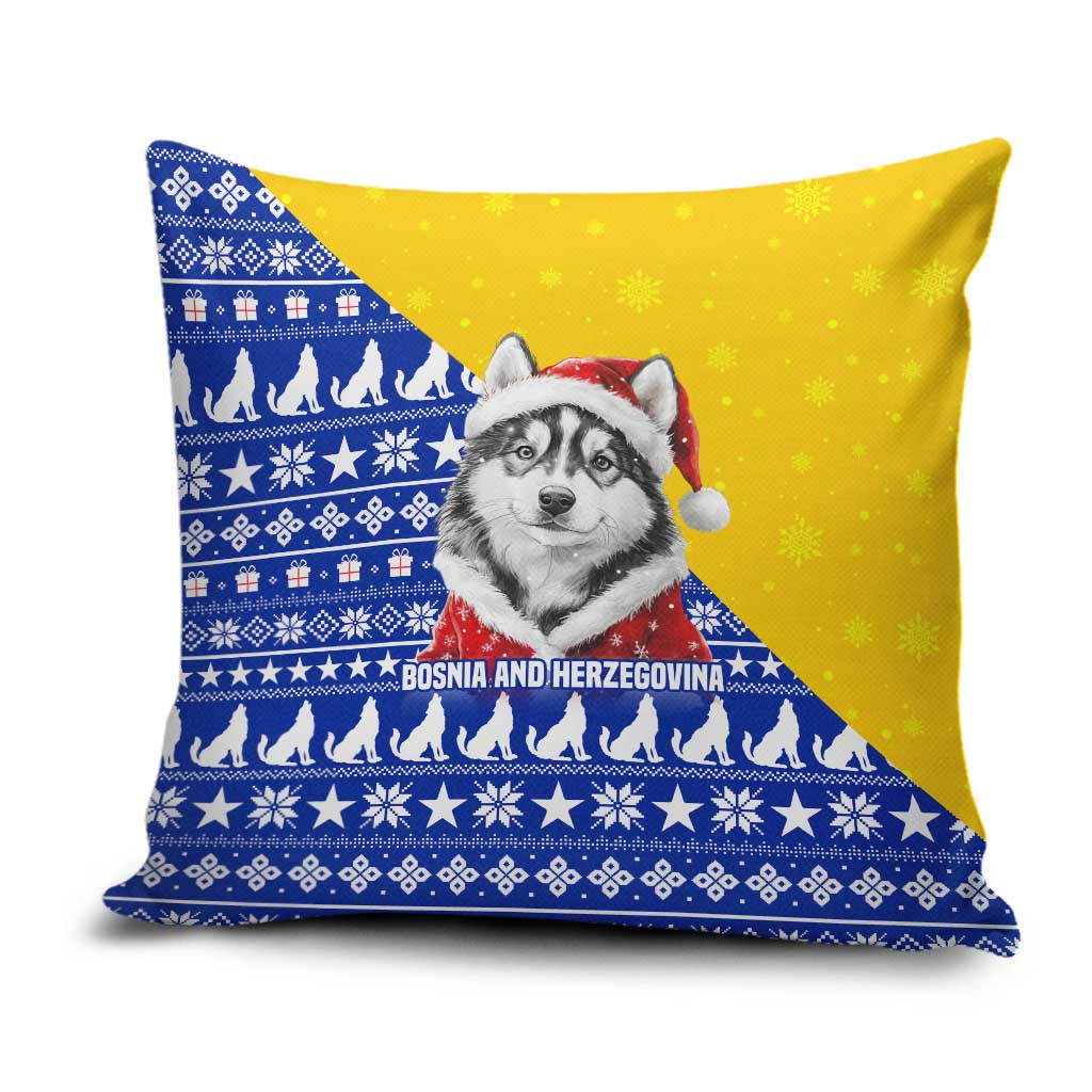 Bosnia and Herzegovina Christmas Pillow Cover with Husky Dog Santa Hat and Blue Yellow Snowflake Pattern - Wonder Print Shop