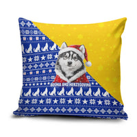 Bosnia and Herzegovina Christmas Pillow Cover with Husky Dog Santa Hat and Blue Yellow Snowflake Pattern - Wonder Print Shop