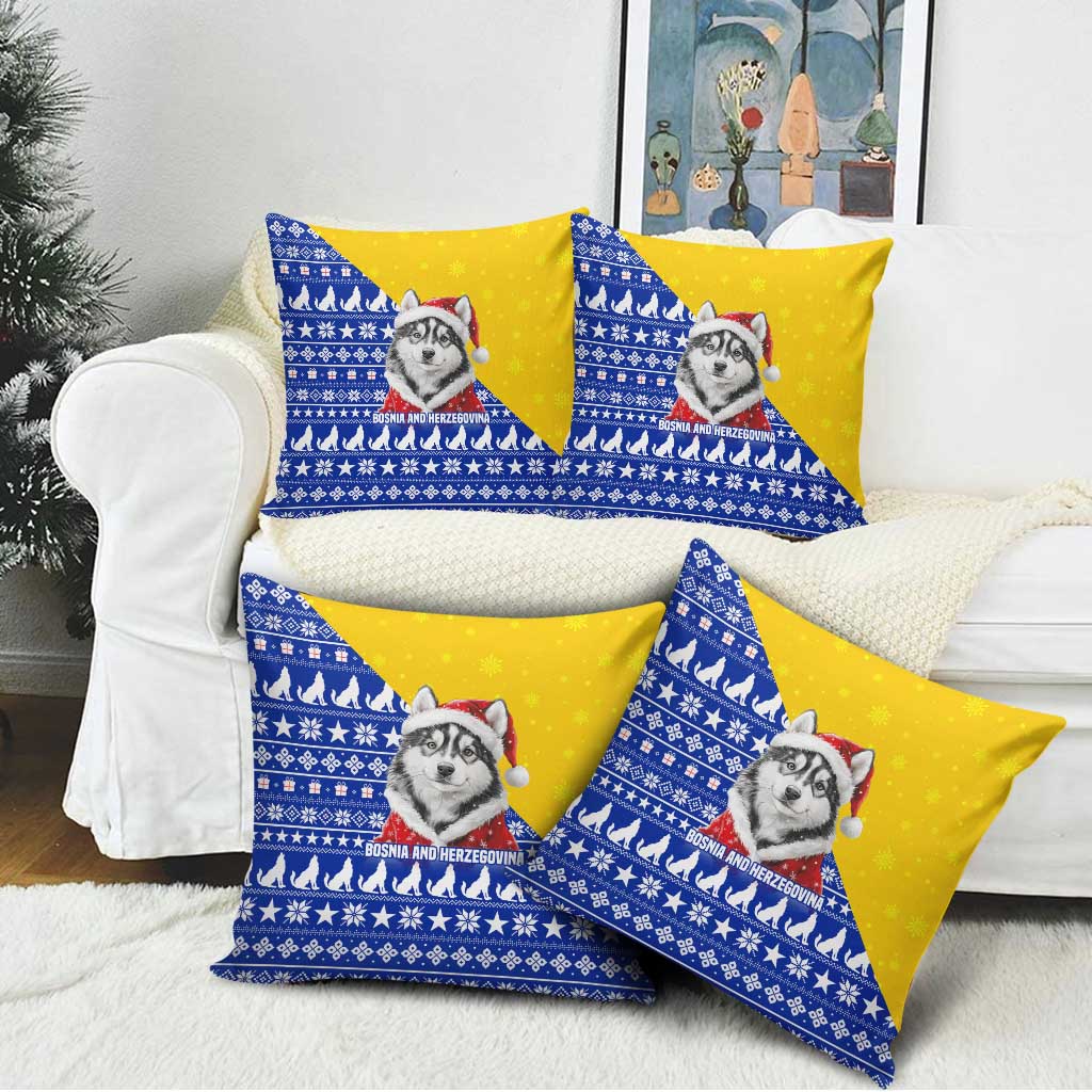 Bosnia and Herzegovina Christmas Pillow Cover with Husky Dog Santa Hat and Blue Yellow Snowflake Pattern - Wonder Print Shop