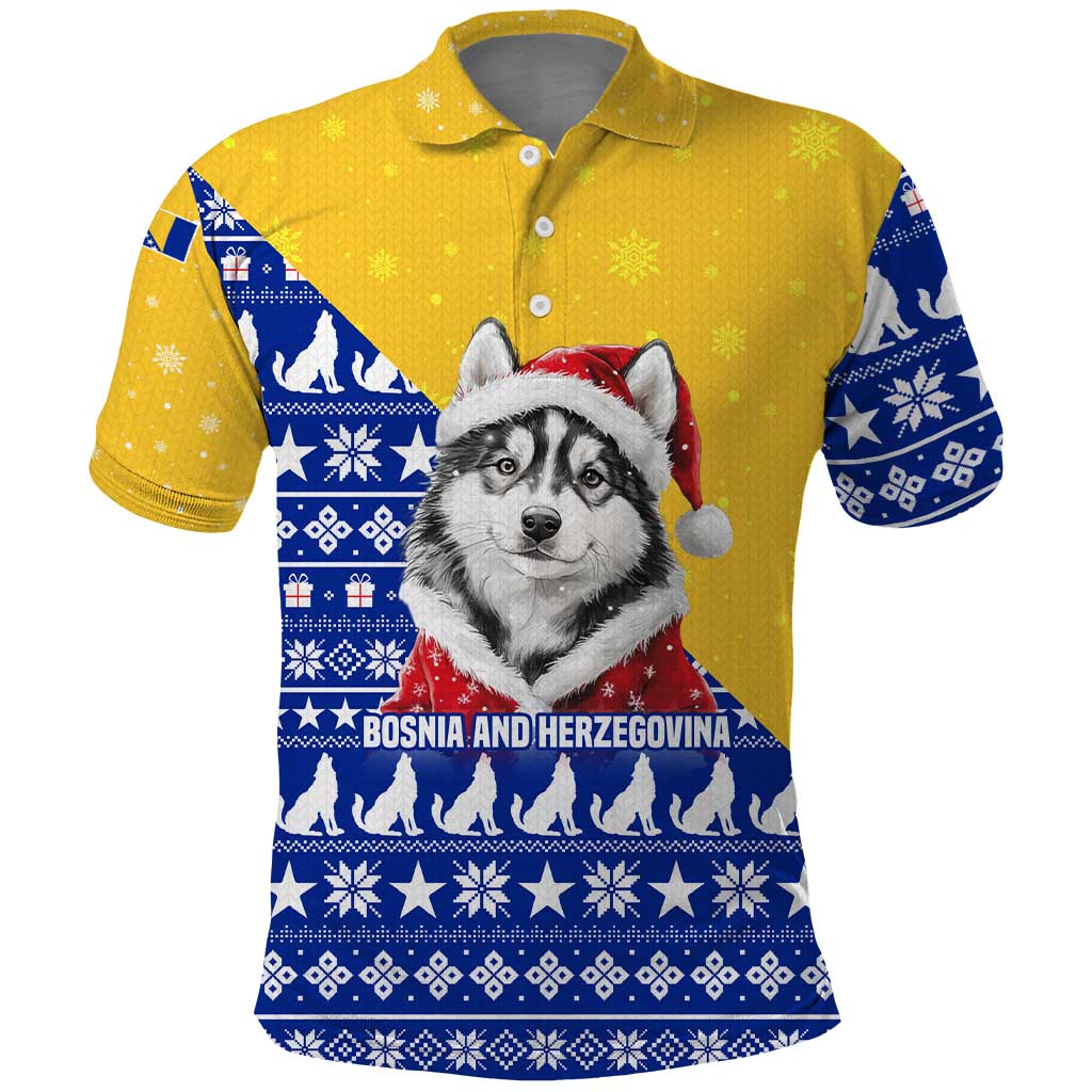 Bosnia and Herzegovina Christmas Polo Shirt with Husky Dog Santa Hat and Blue Yellow Snowflake Pattern - Wonder Print Shop