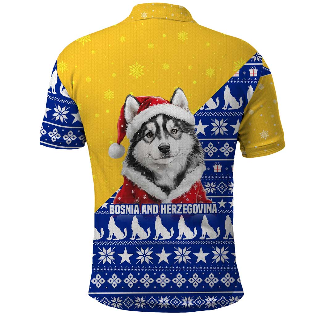 Bosnia and Herzegovina Christmas Polo Shirt with Husky Dog Santa Hat and Blue Yellow Snowflake Pattern - Wonder Print Shop
