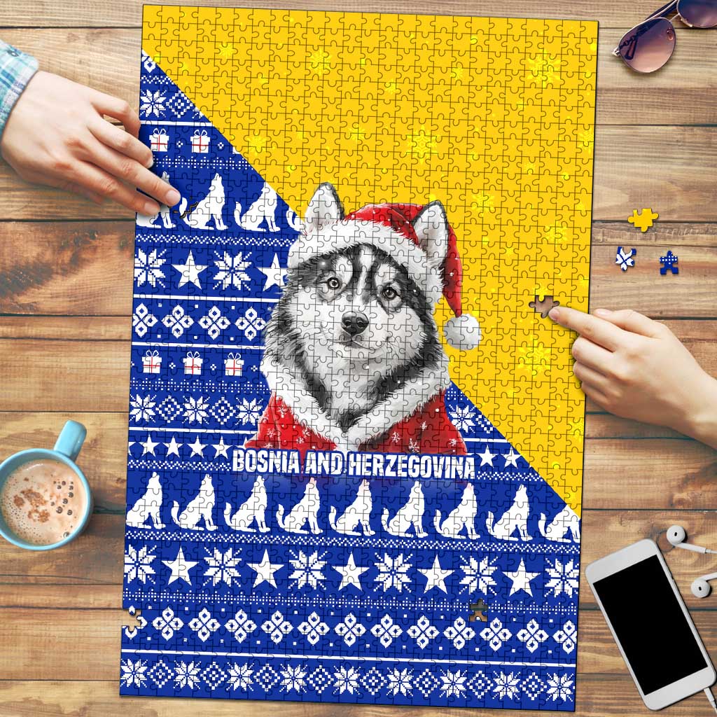 Bosnia and Herzegovina Christmas Puzzle with Husky Dog Santa Hat and Blue Yellow Snowflake Pattern - Wonder Print Shop
