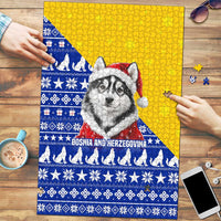 Bosnia and Herzegovina Christmas Puzzle with Husky Dog Santa Hat and Blue Yellow Snowflake Pattern - Wonder Print Shop