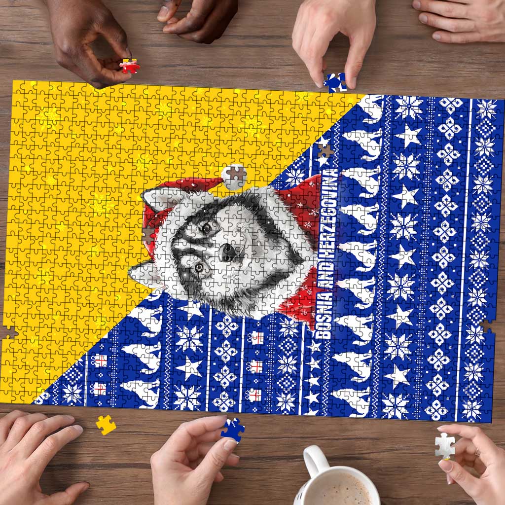 Bosnia and Herzegovina Christmas Puzzle with Husky Dog Santa Hat and Blue Yellow Snowflake Pattern - Wonder Print Shop