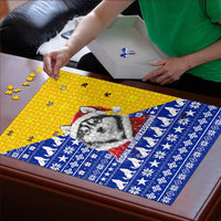 Bosnia and Herzegovina Christmas Puzzle with Husky Dog Santa Hat and Blue Yellow Snowflake Pattern - Wonder Print Shop