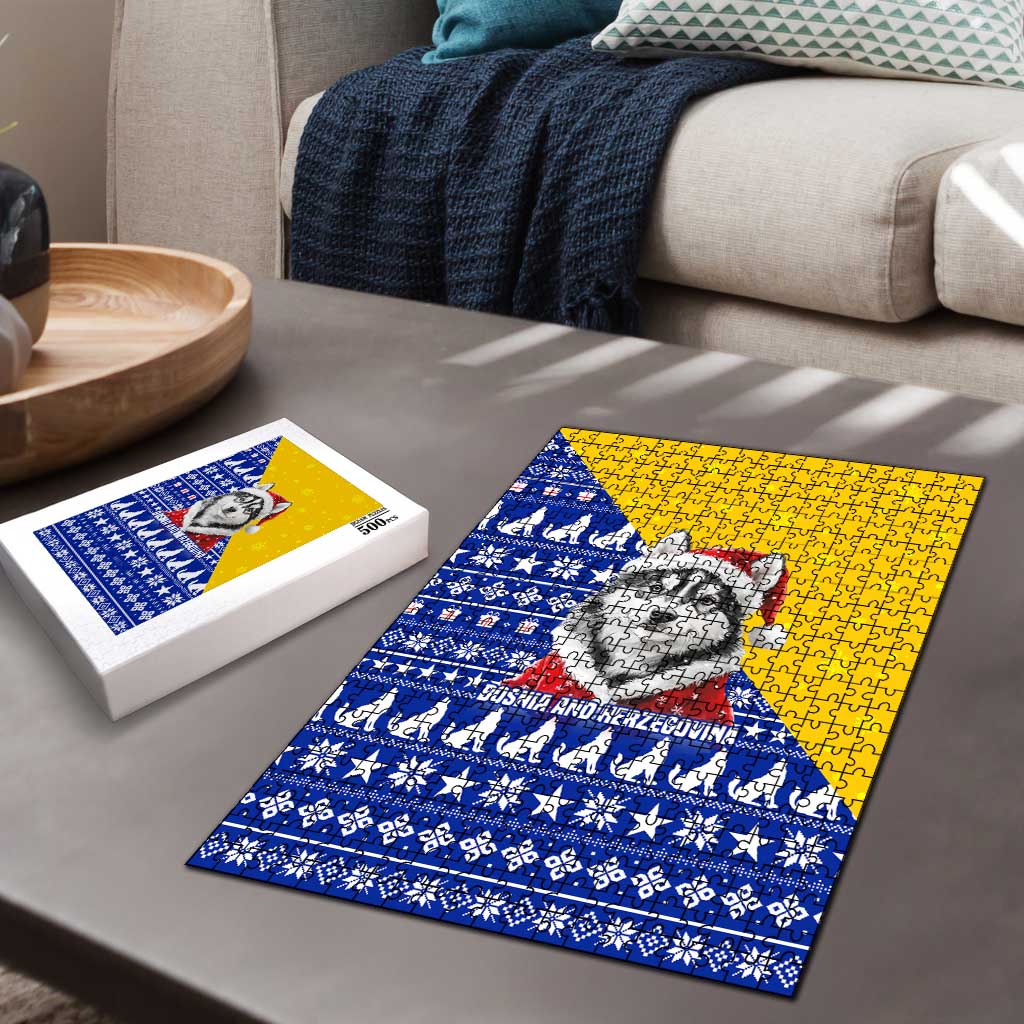 Bosnia and Herzegovina Christmas Puzzle with Husky Dog Santa Hat and Blue Yellow Snowflake Pattern - Wonder Print Shop